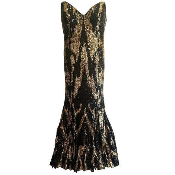 JOVANI Strapless Mermaid Black Gold Sequin Evening Gown Maxi Dress Size S (2-4) - Picture 3 of 15